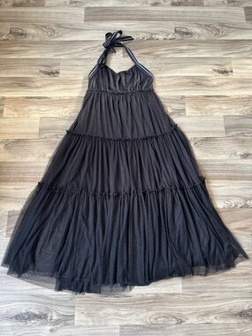 Anthropologie Maeve Tiered Halter Midi Dress in Black Tulle Size 8 NWT